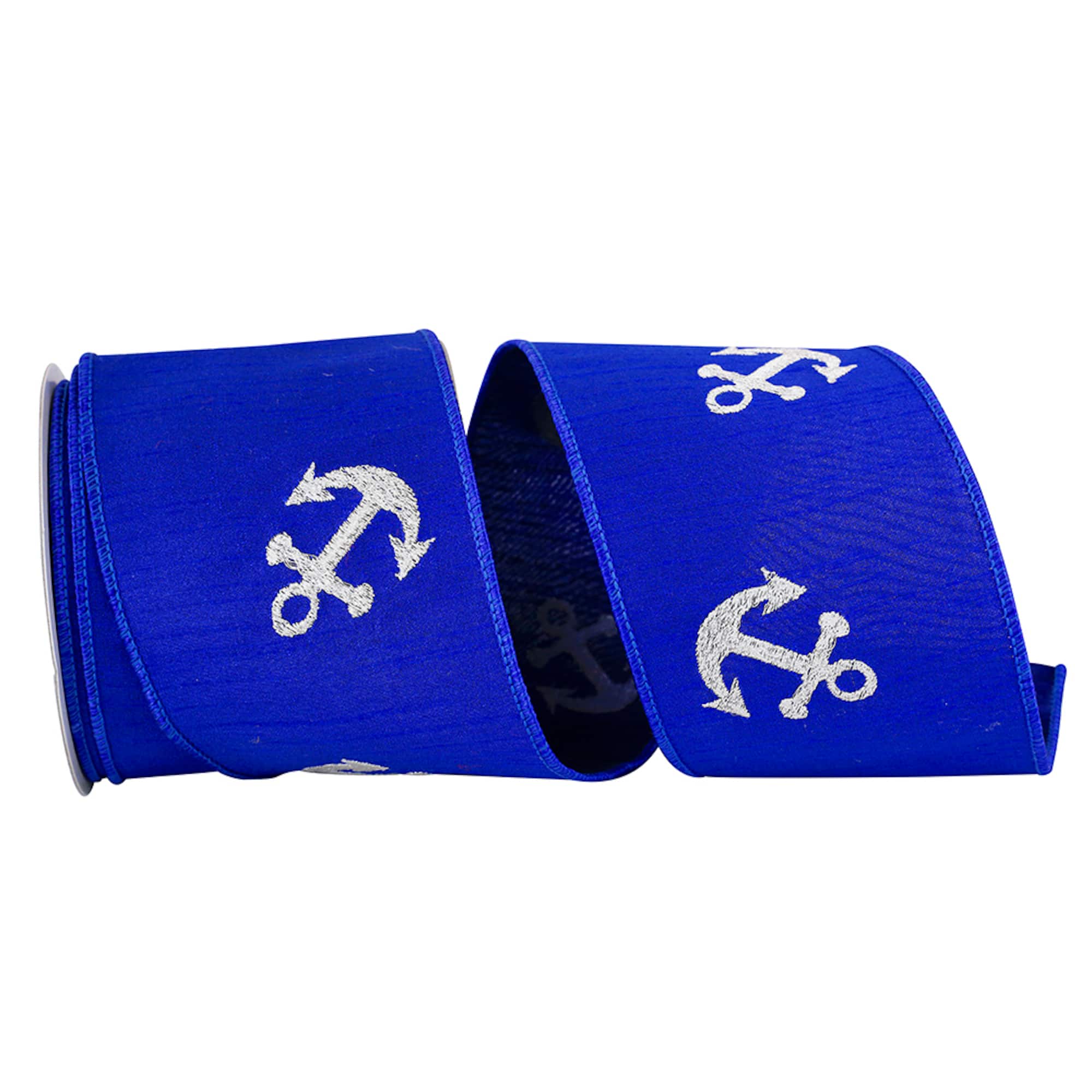 JAM Paper 4" x 10yd. Blue Anchors Embroidered Wired Ribbon
